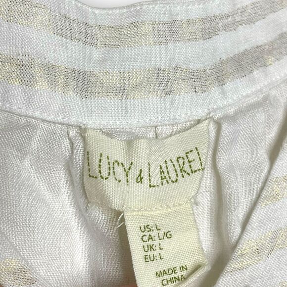 Lucy & Laurel Metallic Stripe 100% Linen Tank Gold and White Women’s Size Large - Picture 7 of 8